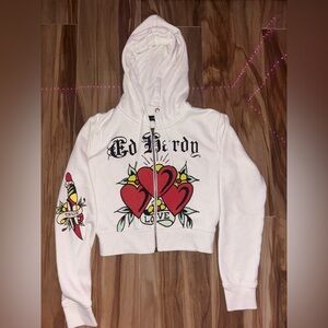 Ed Hardy Cropped Hoodie with Heart and Dagger Design